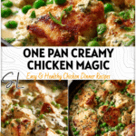 Golden creamy chicken and peas in an iron skillet showcasing a healthy one pan meal. 26